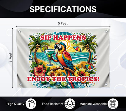 3x5 Ft Single Sided Flag with 4 Brass Grommets - Tropical Parrot with Colorful Margarita Tapestry - "Sip Happens Enjoy the Tropics" Quote Polyester