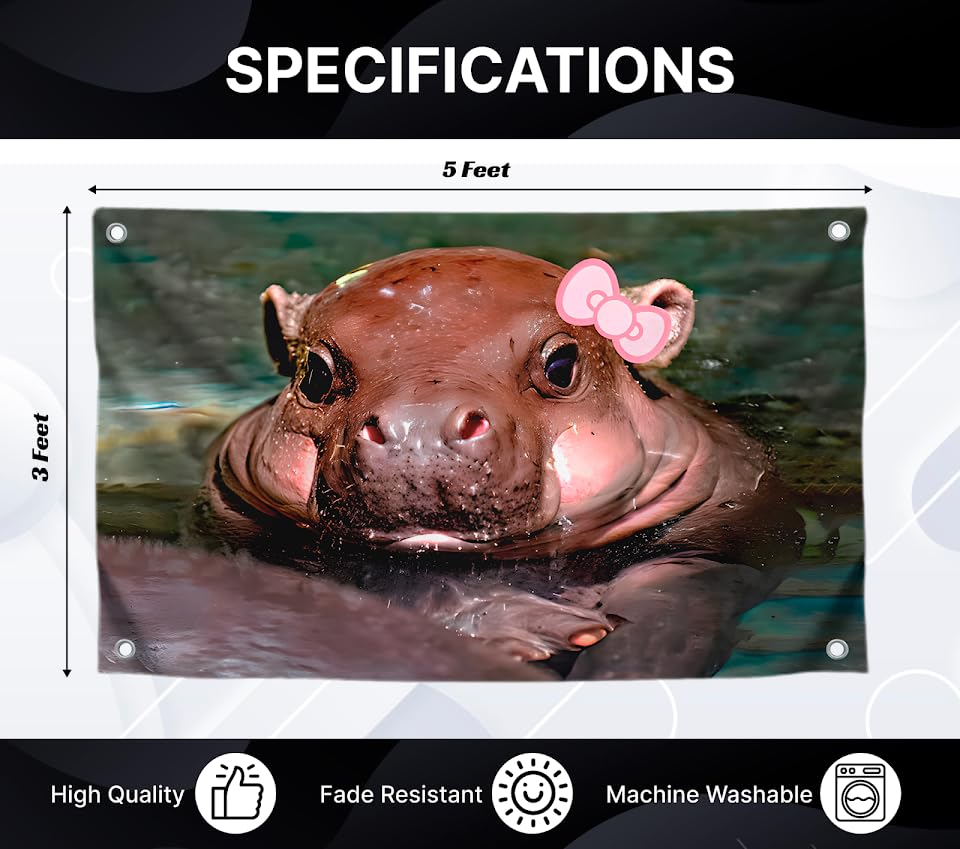 3x5 Feet Cute Baby Hippopotamus Flag with Four Brass Grommets - Single Sided Cool Small Animal Posters for Room Teen Girls - Polyester Huge Wall