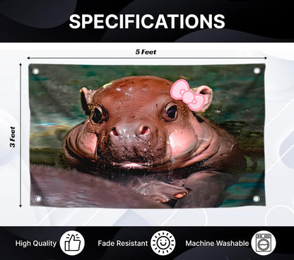 3x5 Feet Cute Baby Hippopotamus Flag with Four Brass Grommets - Single Sided Cool Small Animal Posters for Room Teen Girls - Polyester Huge Wall