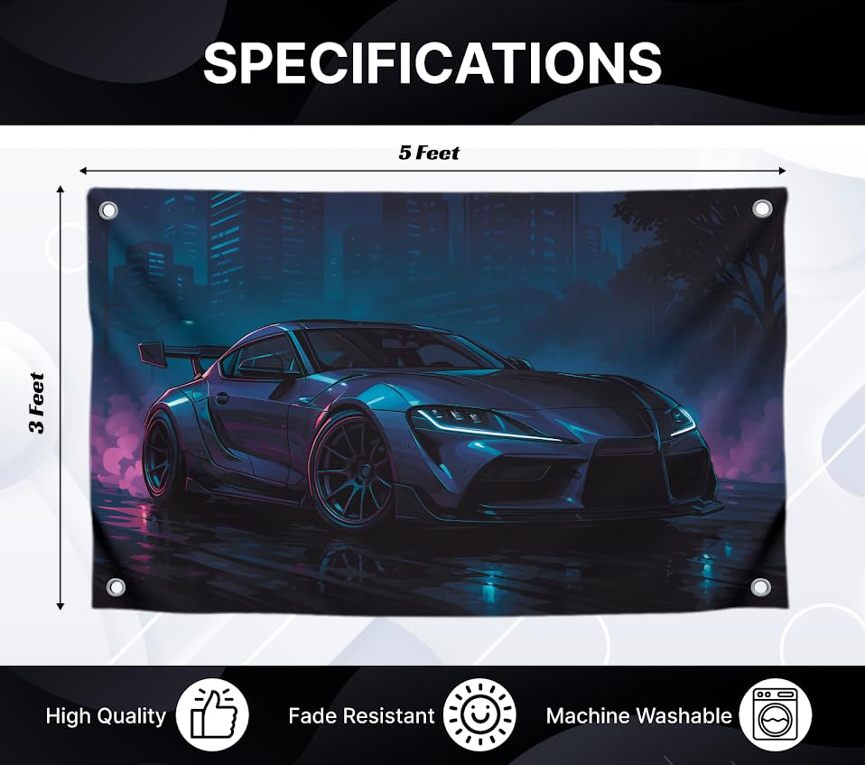 Flag 3x5 Feet Sports Car "Night Drifting Speed and Style" - Single Sided Polyester Cool Tapestry with Four Brass Grommets - Wall Flags Decoration