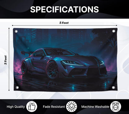 Flag 3x5 Feet Sports Car "Night Drifting Speed and Style" - Single Sided Polyester Cool Tapestry with Four Brass Grommets - Wall Flags Decoration