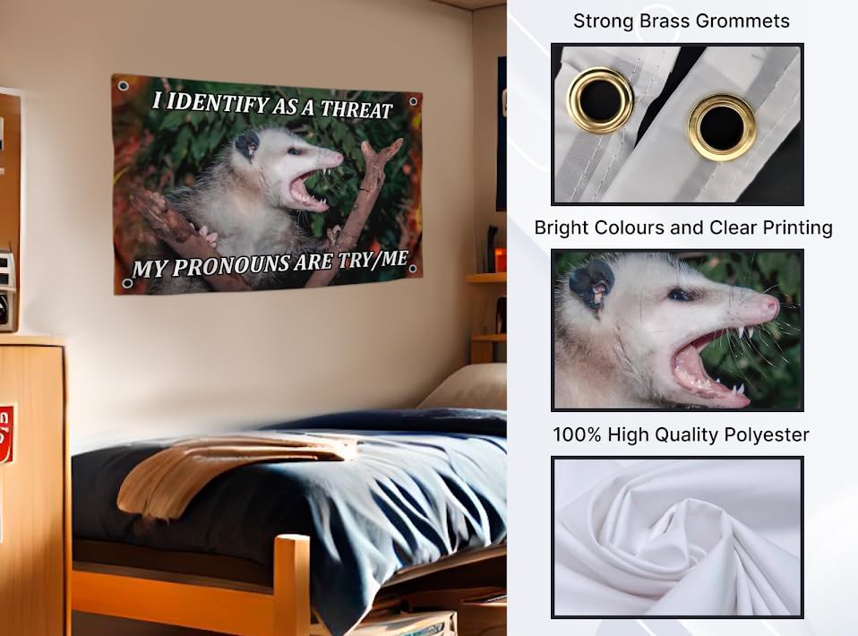 3x5 Feet Funny Rat Flag with Quote "I Identify As A Threat My Pronouns Are Try/Me" with Four Brass Grommets - Single Sided Meme Flag for Wall