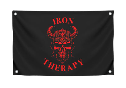 3x5 Feet Large Wall Flag With Quote "Iron Therapy" with Four Brass Grommets - Skull Gym Tapestry or Home Gym Decor - Inspirational Home Leadership