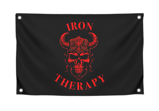 3x5 Feet Large Wall Flag With Quote "Iron Therapy" with Four Brass Grommets - Skull Gym Tapestry or Home Gym Decor - Inspirational Home Leadership