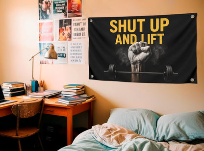 3x5 Feet Gym Flag with Motivated Quote ''Shut Up And Lift''- Mens Cool Poster Polyester On The Wall with Four Brass Grommets - Single Sided Huge