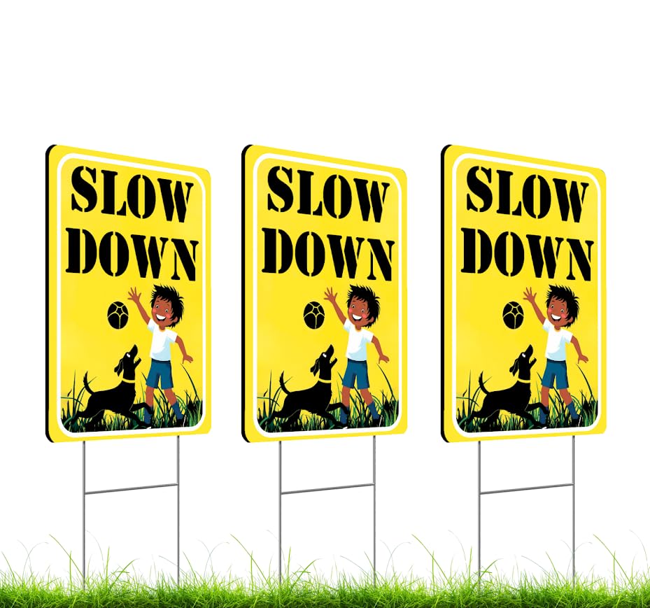 Set of 3 Double Sided 12x16 Inches "SLOW DOWN" Sign with Metal H-Stakes - Children at Play Safety Signs for Street