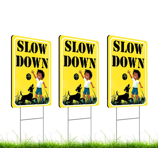 Set of 3 Double Sided 12x16 Inches "SLOW DOWN" Sign with Metal H-Stakes - Children at Play Safety Signs for Street