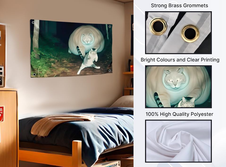 3x5 Ft Meme Flag - Funny Surreal Cats Banner with Giant Round Cat and Action Pose Cat - Wall Tapestry for Dorm Room or Outdoor Decor