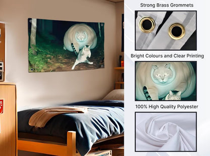 3x5 Ft Meme Flag - Funny Surreal Cats Banner with Giant Round Cat and Action Pose Cat - Wall Tapestry for Dorm Room or Outdoor Decor