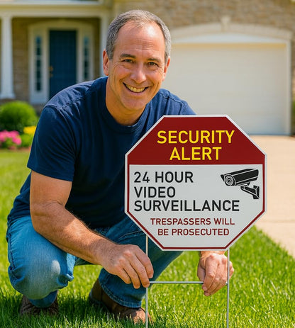 Set of 3 Double Sided 13x13 Inches Plastic 24 Hour Surveillance Signs with Metal H-Stakes - No Intrusion Sign Private Property