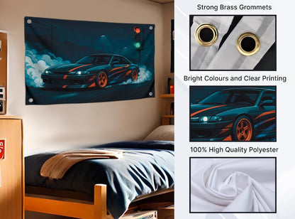 Cool Flag 3x5 Feet Sports Car "Street Drift in Lights of Night City" - Single Sided Polyester Tapestry with Four Brass Grommets. Wall Flags Decoration