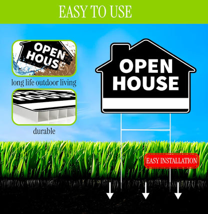 Set of 3 Double Sided 12x16 Inches Plastic Open House Signs with Metal H-Stakes - Black Sign for Real Estate Agent Supplies