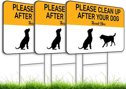 Set of 3 Please Clean Up After Your Dog Yellow Sign with Metal Wire H-Stakes - 12х8 inch No Poop Dogs for Yard or Poop Pick Up Signs for Lawn