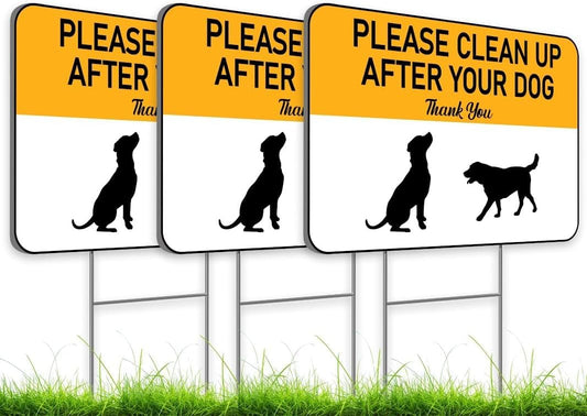 Set of 3 Please Clean Up After Your Dog Yellow Sign with Metal Wire H-Stakes - 12х8 inch No Poop Dogs for Yard or Poop Pick Up Signs for Lawn