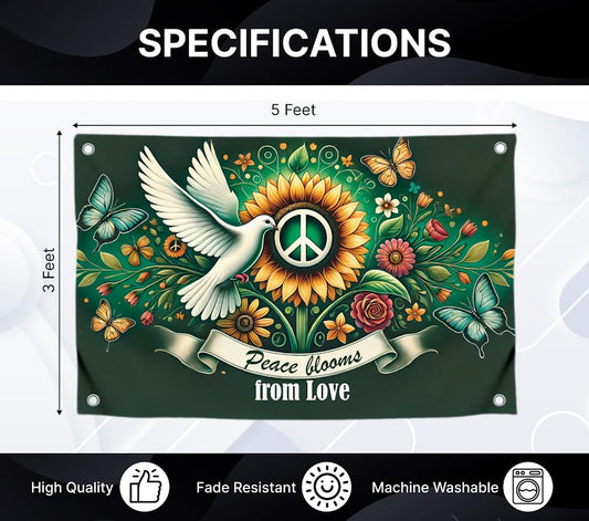 3x5 Feet Polyester Flag with Quote "Peace Blooms From Love" with 4 Brass Grommets - Single Sided Hippie Sunflower Flags with Butterflies for Garden