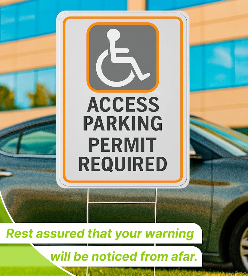 Set of 3 Double Sided 12x16 Inches Access Parking Permit Required Sign with Metal Wire H-Stakes - No Parking Road Traffic Signs for Garden Decoration