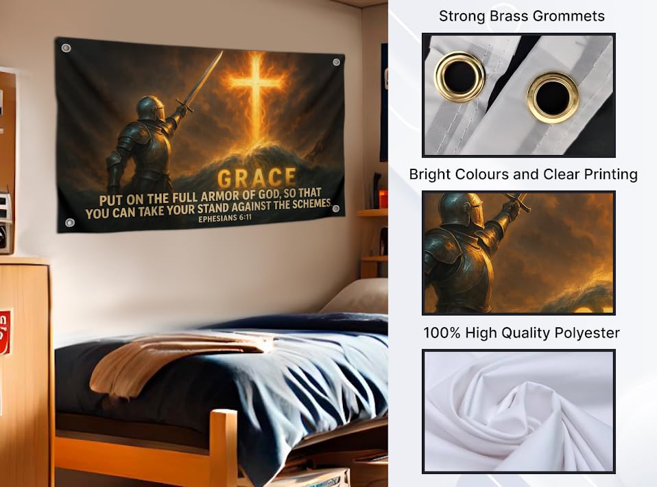 3x5 Feet Armor of God Flag with Quote - "Grace Put On The Full Armor" with 4 Brass Grommets - Polyester Wall Decor Flags for Church - Single Sided