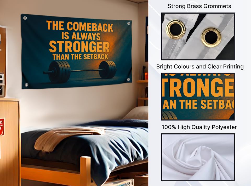 3x5 Ft Gym Flag Weightlifting with Quote “The Comeback Is Always Stronger Than the Setback” with 4 Brass Grommets.Polyester College Poster for Bedroom