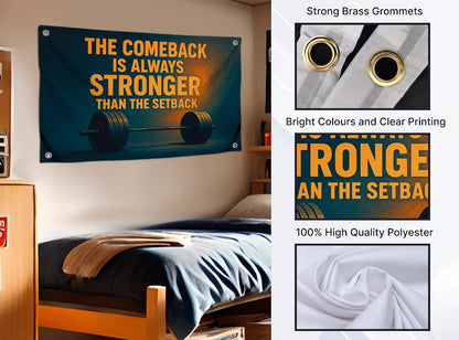 3x5 Ft Gym Flag Weightlifting with Quote “The Comeback Is Always Stronger Than the Setback” with 4 Brass Grommets.Polyester College Poster for Bedroom