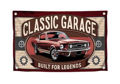 3x5 Feet Funny Flag with Cool Car and Quote "Classic Garage Built for Legends” with Four Brass Grommets - Polyester Decorative Wall Flags for Guest