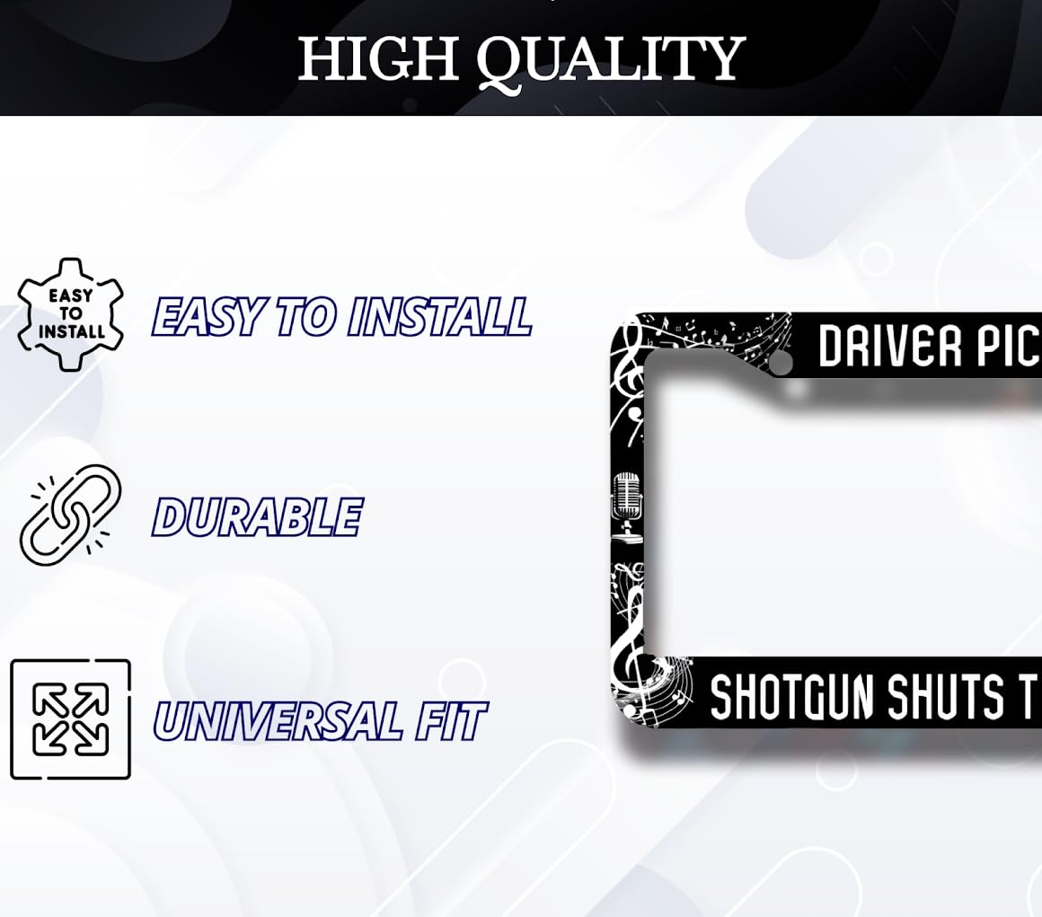 License Plate Frame 6x12.25 Inch - Driver Picks Music Shotgun Shuts Their Cake Hole with 2 Holes and Screws - Metal Frame for Your Car