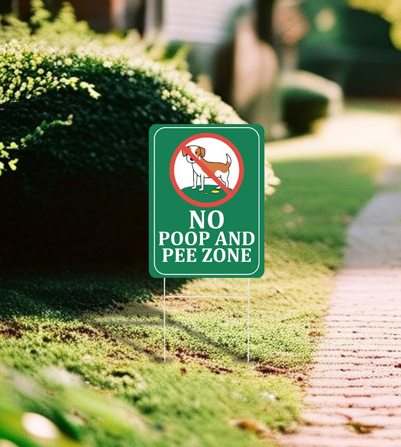 Set of 3 Double Sided 12x8 Inches Plastic Sign "No Poop and Pee Zone" with Metal H-Stakes