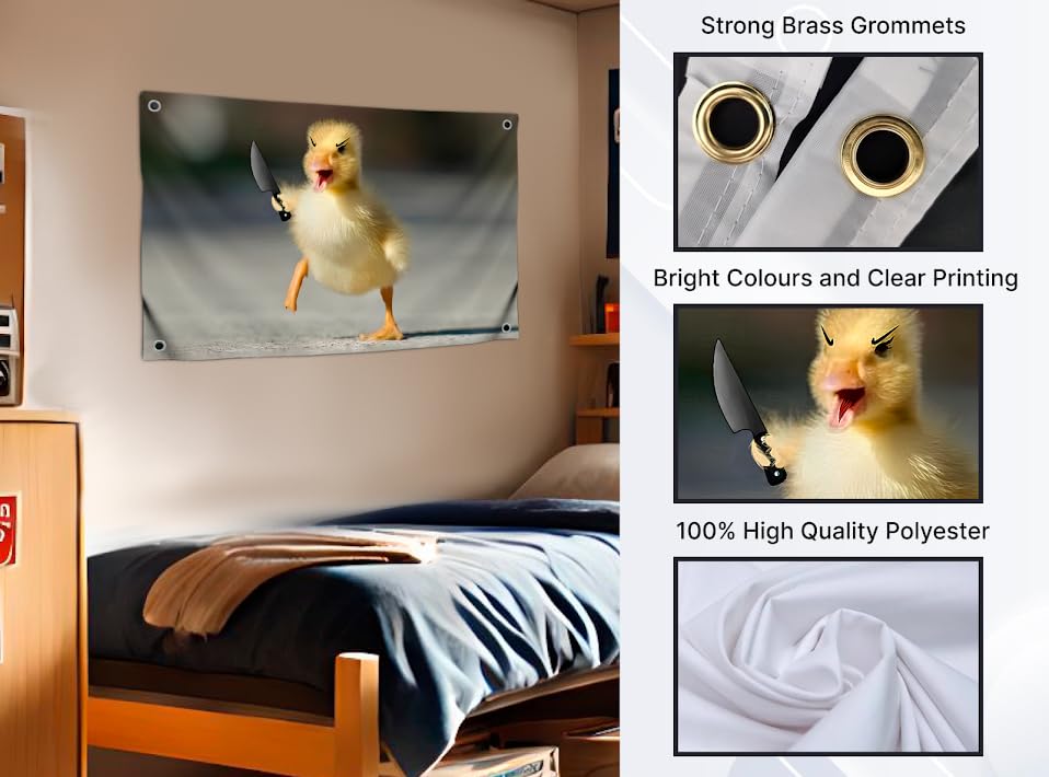 3x5 Ft Single Sided Polyester Flag with Four Brass Grommets - Meme Banner with Angry Duck and Knife - Funny Poster for College Dorm Boys