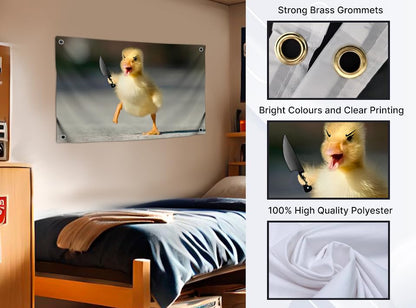 3x5 Ft Single Sided Polyester Flag with Four Brass Grommets - Meme Banner with Angry Duck and Knife - Funny Poster for College Dorm Boys