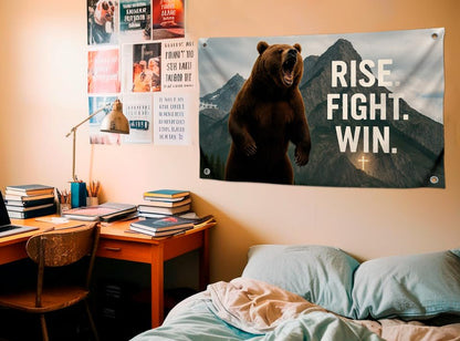 3x5 Feet Motivation Flag with Big Bear and Quote ''Rise. Fight. Win.'' for Gym Room Guys with Four Brass Grommets - Single Sided Animal Meme Tapestry