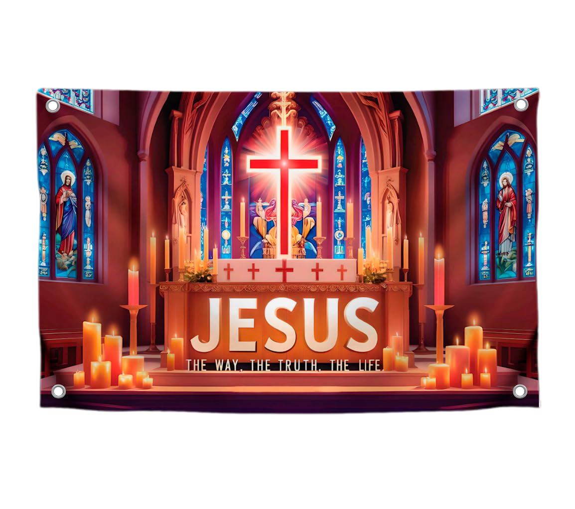 3x5 Feet Cross Polyester Flags "The Way - The Truth - The Life" with 4 Brass Grommets -  American Flags for Outside or Inside