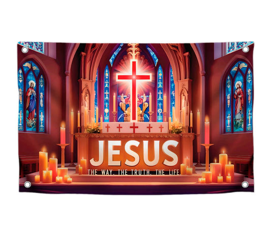 3x5 Feet Cross Polyester Flags "The Way - The Truth - The Life" with 4 Brass Grommets -  American Flags for Outside or Inside