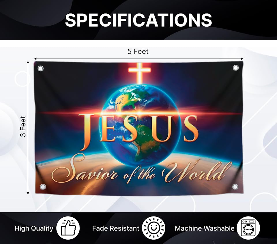 3x5 Feet Flag with Quote ''Savior of the World'' with Four Brass Grommets - Polyester Decor Flags for Churches - Single Sided Banners for Easter Day