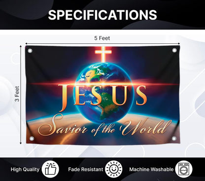 3x5 Feet Flag with Quote ''Savior of the World'' with Four Brass Grommets - Polyester Decor Flags for Churches - Single Sided Banners for Easter Day