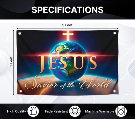 3x5 Feet Flag with Quote ''Savior of the World'' with Four Brass Grommets - Polyester Decor Flags for Churches - Single Sided Banners for Easter Day
