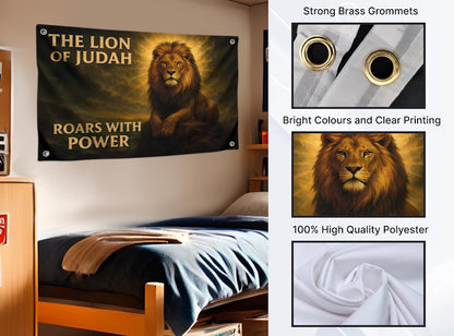 3x5 Feet The Lion Flag with Quote "The Lion of Judah Roars with Power" Perfect Idea for Decor Room - Single Sided Polyester Flags with Four Brass