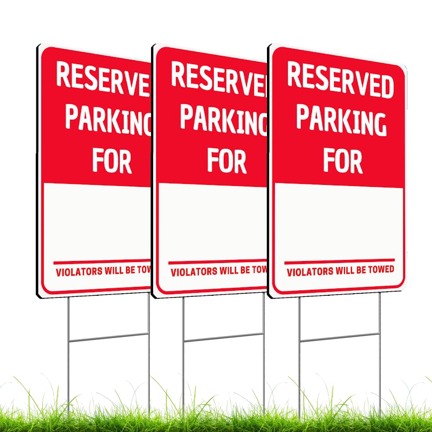 Set of 3 Double Sided 8x12 Inches Reserved Parking Signs with Metal Wire H-Stakes - Plastic Indoor or Outdoor Sign Text Only