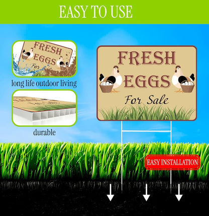 Set of 3 Double Sided 12x16 Inches Fresh Eggs For Sale Sign with Metal H-Stakes - Plastic Sign Fresh or Egg Sign for Outdoor and Indoor