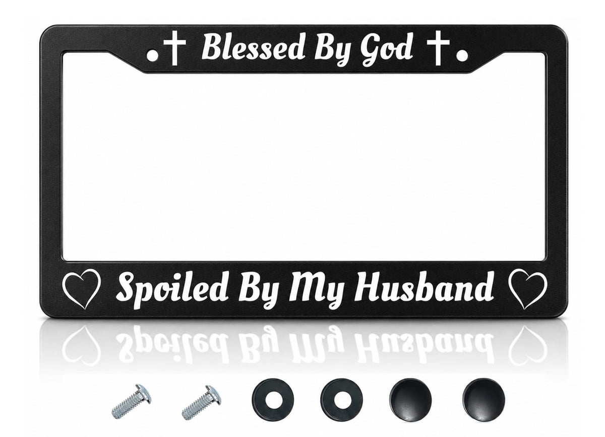 6x12.25 in Blessed by God, Spoiled by My Husband License Plate Frame – Black