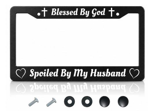 6x12.25 in Blessed by God, Spoiled by My Husband License Plate Frame – Black