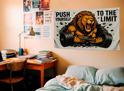3x5 Feet Motivation Gym Flag with Quote "Push Yourself To The Limit" with Four Brass Grommets - Lion Inspirational Banner for Wall Decoration