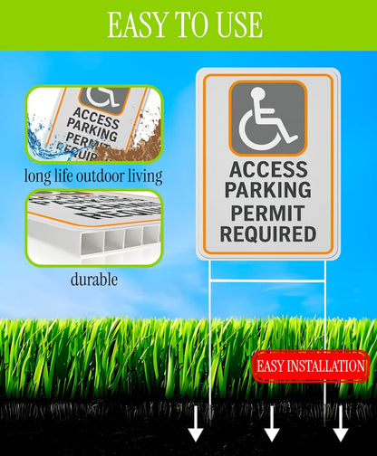 Set of 3 Double Sided 12x16 Inches Access Parking Permit Required Sign with Metal Wire H-Stakes - No Parking Road Traffic Signs for Garden Decoration