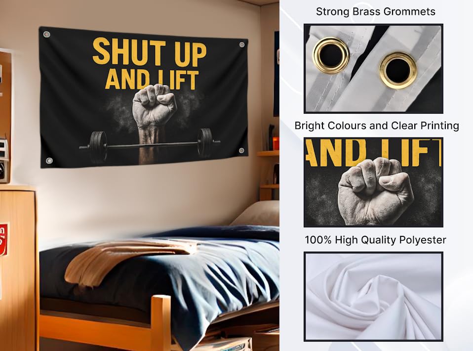 3x5 Feet Gym Flag with Motivated Quote ''Shut Up And Lift''- Mens Cool Poster Polyester On The Wall with Four Brass Grommets - Single Sided Huge