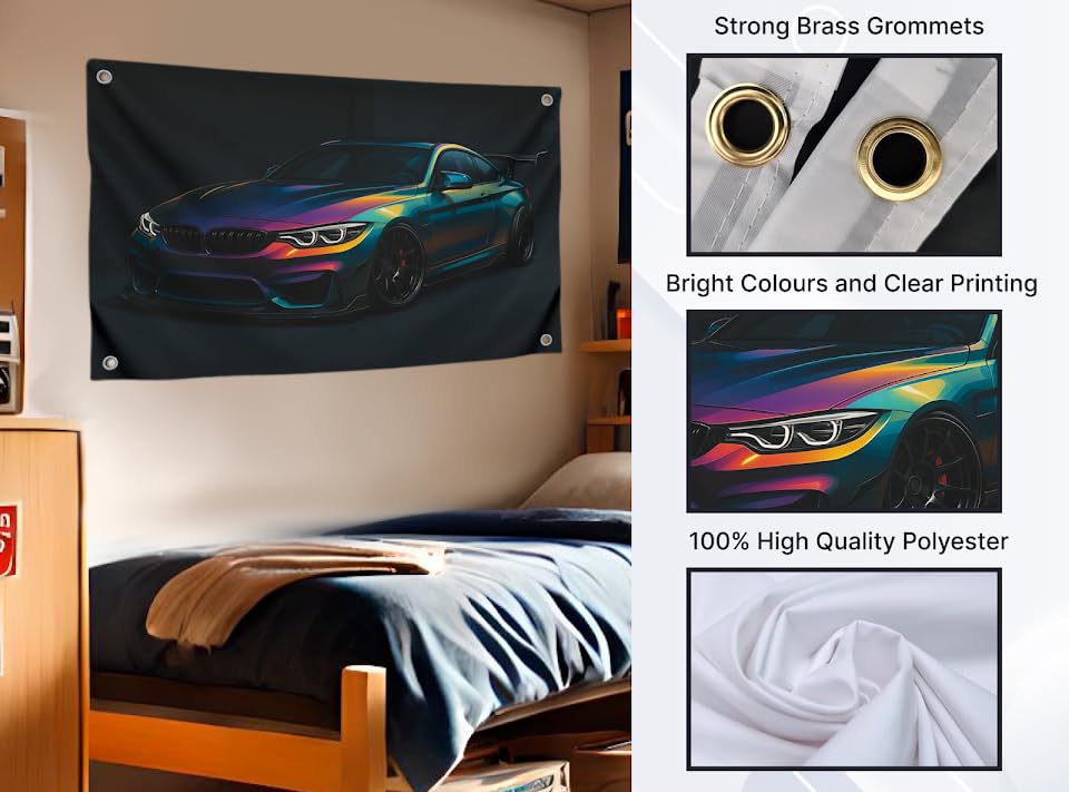 3x5 Feet Tuned Powerful Sports Cars Flag with Four Brass Grommets - Single Sided Wall Garage Tapestries for Mens - Polyester Cool Apartment Poster