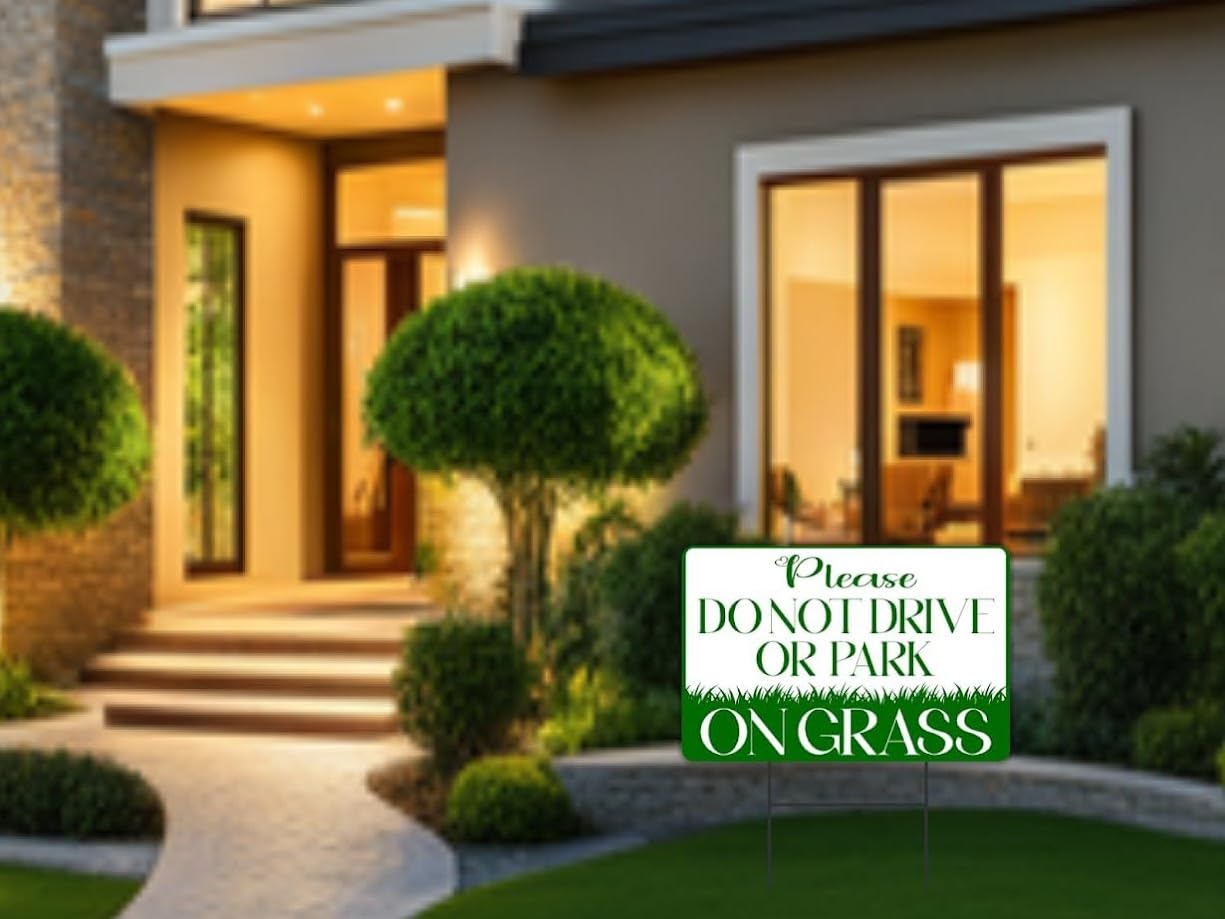 Set of 3 Please Do Not Drive or Park on Grass Yard Plastic Signs with Metal Wire H-Stakes - 8x12 inch Keep off Grass Sign. No Parking Signs with Stand