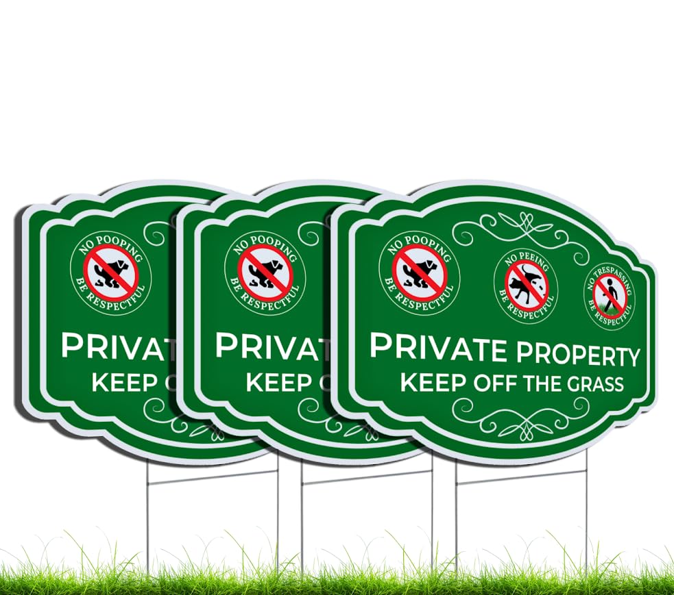 3X Double Sided 12x16 Inches Private Property Keep Off The Grass Yard Plastic Signs with Metal Stakes