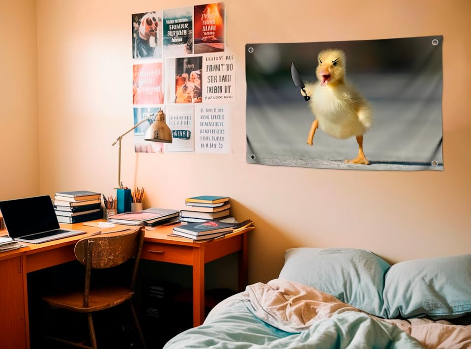 3x5 Ft Single Sided Polyester Flag with Four Brass Grommets - Meme Banner with Angry Duck and Knife - Funny Poster for College Dorm Boys