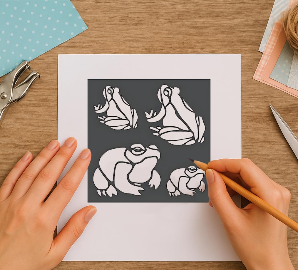 5.5x5.5 Inch Reusable Sturdy Stencil with Frogs - Scrapbooking for Airbrush Painting Drawing. Flexible Clear Plastic Stencils Arts and Crafts Material