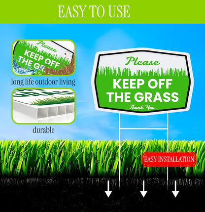 Set of 3 Double Sided 12x8 Inches Plastic Please Keep Off The Grass Thank You Signs with Metal H-Stakes - Curb Your Dog no Pooping