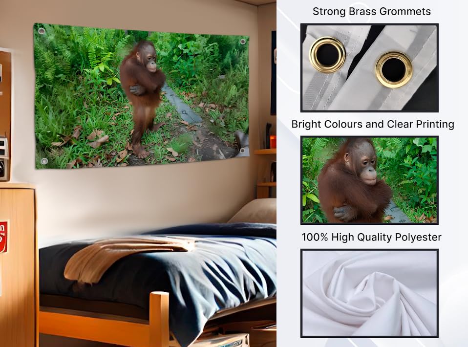 3x5 Feet Cute Orangutan Funny Meme Flag with Four Brass Grommets - Single Sided Beautiful Animals Posters for Man Cave - Polyester Hanging Tapestries