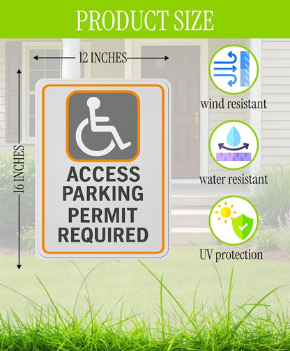 Set of 3 Double Sided 12x16 Inches Access Parking Permit Required Sign with Metal Wire H-Stakes - No Parking Road Traffic Signs for Garden Decoration